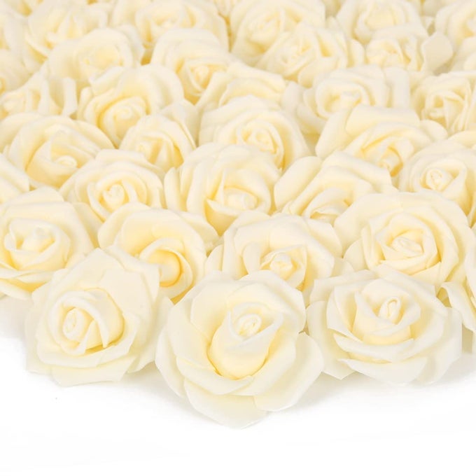 ARTIFICIAL ROSE FLOWER HEADS 100PCS CREAM YELLOW ROSES ARTIFICIAL FLOWER FOAM ROSE FOR DIY WEDDING BOUQUETS CENTERPIECES ARRANGEMENTS PARTY BABY SHOWER HOME DECOR STEMLESSCREAM YELLOW