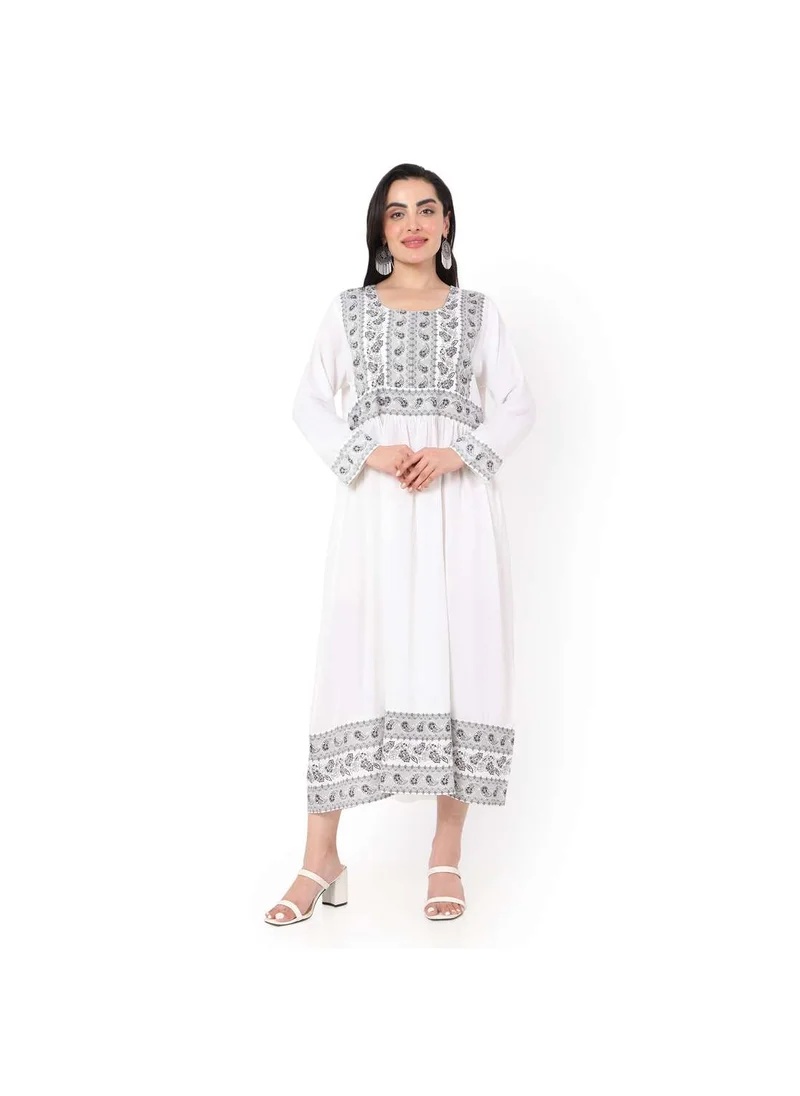 هانا آند سارا SHORT WHITE COLOUR HIGH QUALITY FLORAL PRINTED WITH FRONT BUTTONED STYLED ARABIC KAFTAN JALABIYA DRESS