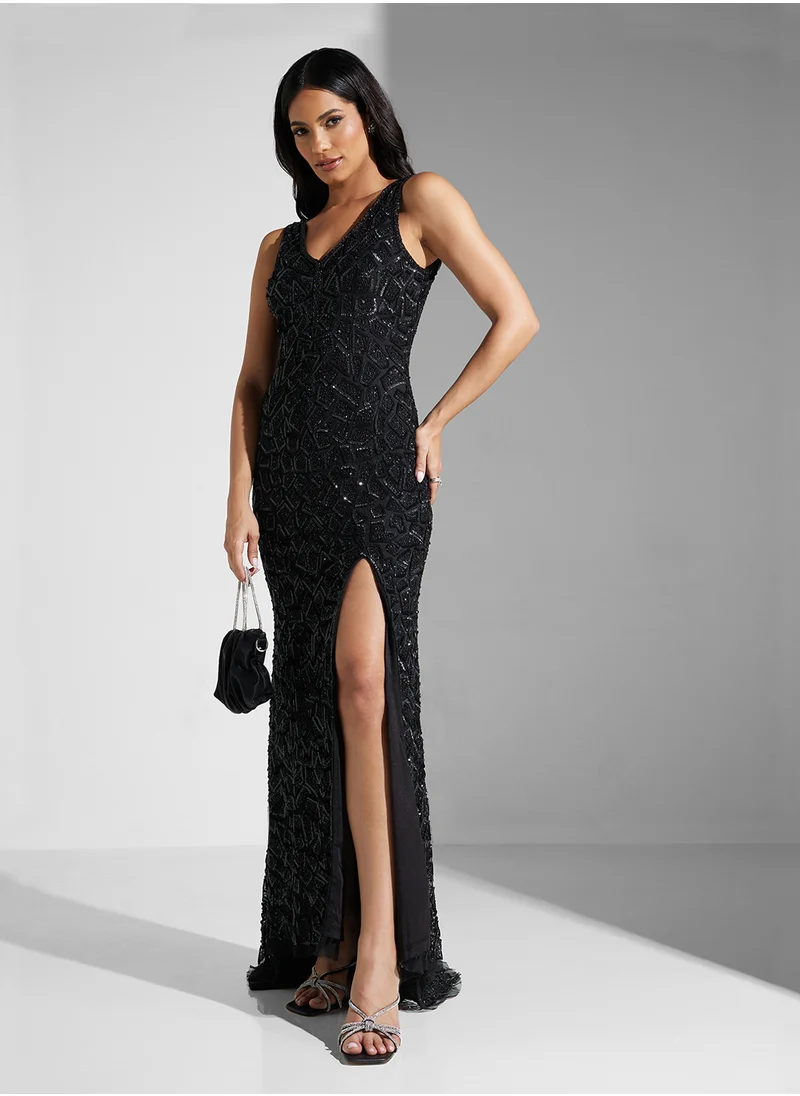 Namshi x Plunge Neck Sequin Embellished Dress