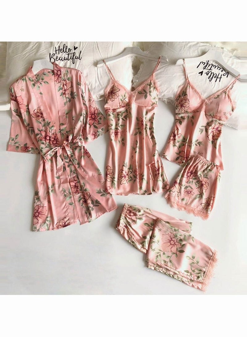 5-Pack Women's Sleepwear Sets Sling Lace Nightdress Sweet Pajama Home Wearing Clothes Loungewear Suits Floral Printing Ladies Nightwear Lingerie Robe Underwear Shorts Summer Spring Pink  - Image 1