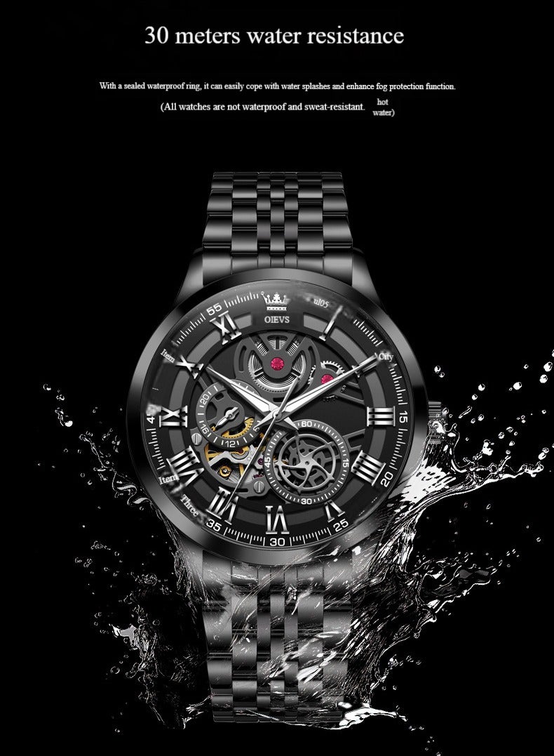 Olevs Business Watch Automatic Mechanical Fashion Hollow Mechanical Watch Steel Band Watch Men's Watch - Image 2