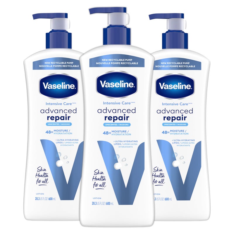 Vaseline لوشن الجسم Vaseline Intensive Care غير المعطر لإصلاح الجسم - مرطب للغاية بالدهون للبشرة الجافة للغاية، 20.3 أونصة، عبوة من 3 قطع - Image 1