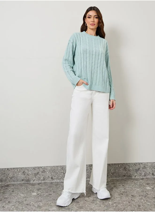 Styli Solid Boxy Fit Cable Sweater