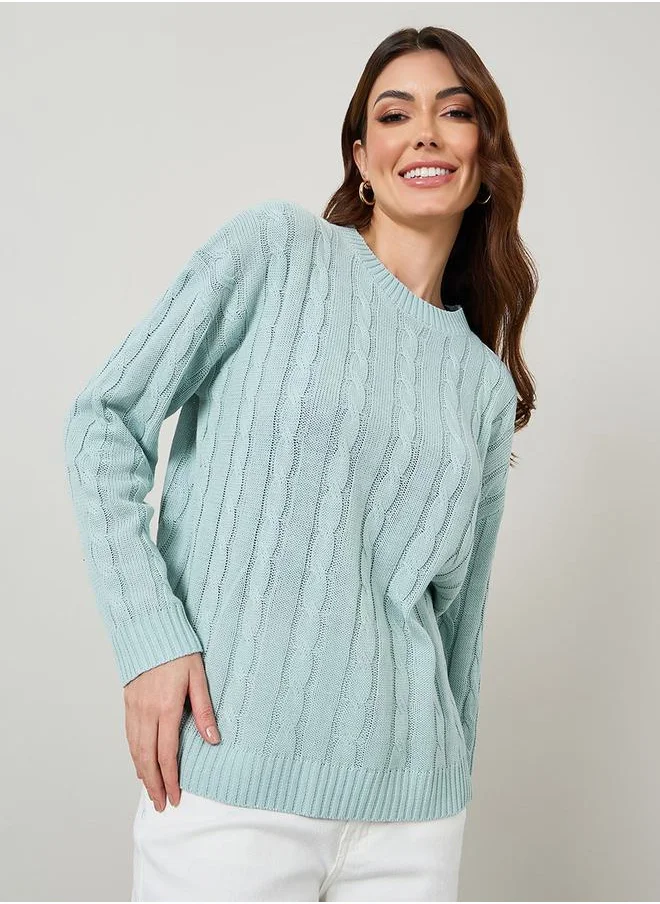 Styli Solid Boxy Fit Cable Sweater