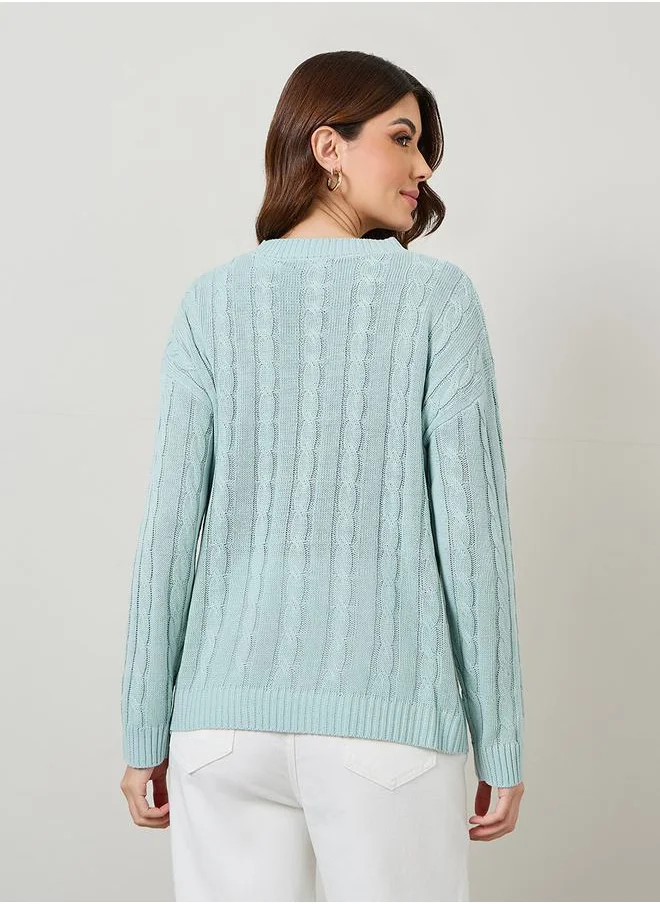 Styli Solid Boxy Fit Cable Sweater
