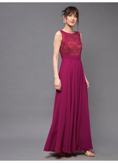 Miss Chase Miss Chase Women's Round Neck Sleeveless Georgette Floral Lace Fit & Flare Maxi Dress Dark Pink  - Image 3