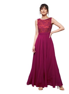 Miss Chase Miss Chase Women's Round Neck Sleeveless Georgette Floral Lace Fit & Flare Maxi Dress Dark Pink  - Image 1