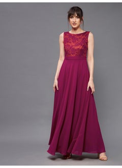 Miss Chase Miss Chase Women's Round Neck Sleeveless Georgette Floral Lace Fit & Flare Maxi Dress Dark Pink  - Image 2