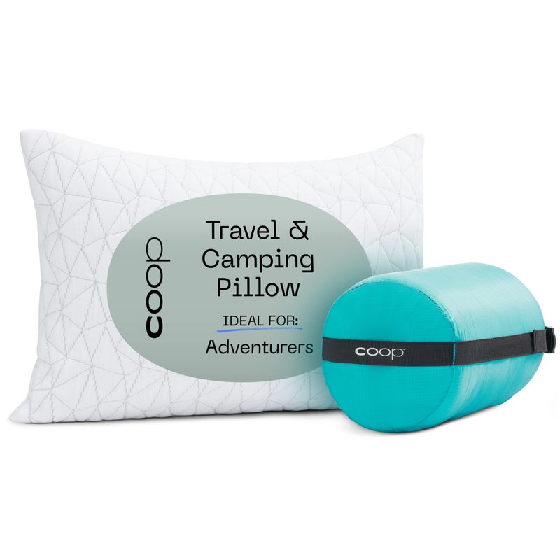 Coop Home Goods Original Travel and Camping Adjustable Pillow Small Camping Pillow with Compressible Stuff Sack MediumFirm Memory Foam with Lulltra Washable Cover CertiPURUS Certified 19x13