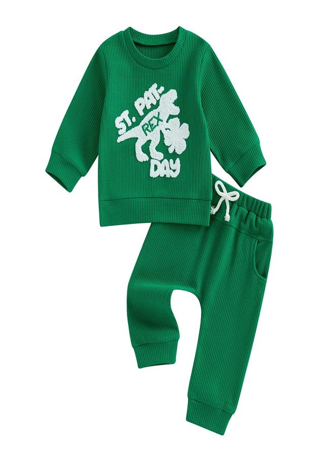 Fernvia Baby Boy Fall Winter Clothes Toddler St. Patrick's Day Outfit Dinosaur Embroidered Waffle Knit Sweatshirts Pants Set (St. Patrick's Day Green, 18-24 Months) - Image 1