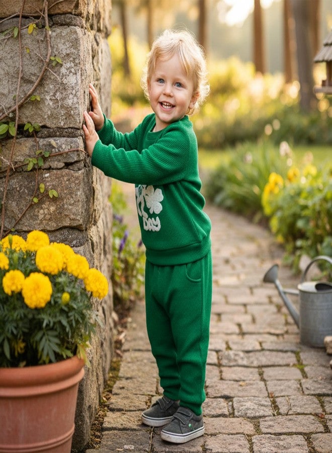 Fernvia Baby Boy Fall Winter Clothes Toddler St. Patrick's Day Outfit Dinosaur Embroidered Waffle Knit Sweatshirts Pants Set (St. Patrick's Day Green, 18-24 Months) - Image 3