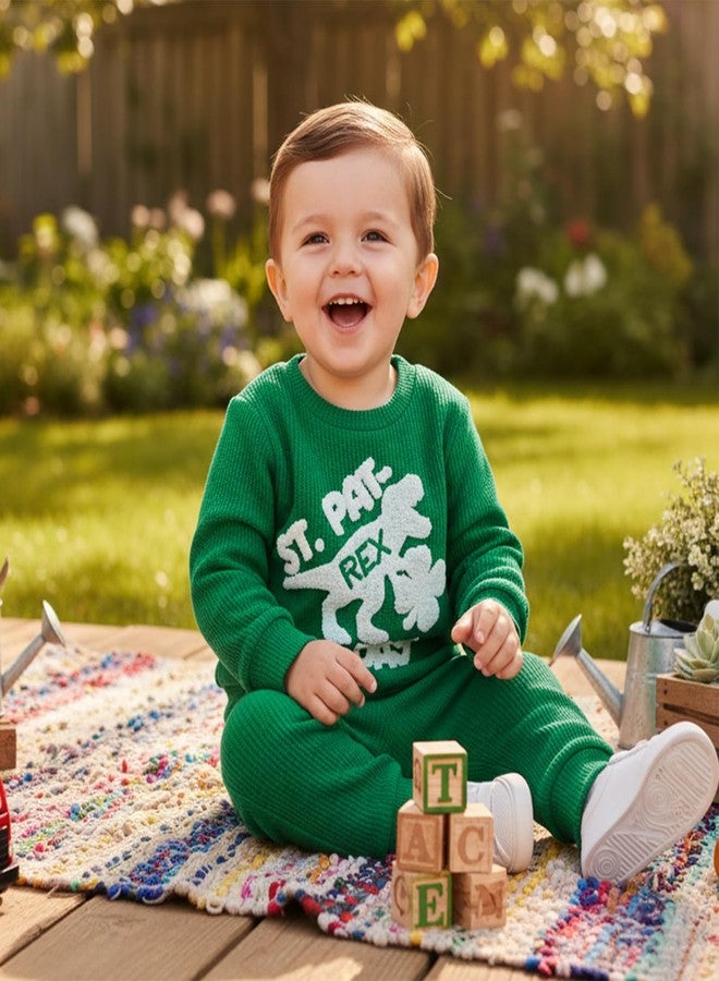 Fernvia Baby Boy Fall Winter Clothes Toddler St. Patrick's Day Outfit Dinosaur Embroidered Waffle Knit Sweatshirts Pants Set (St. Patrick's Day Green, 18-24 Months) - Image 2