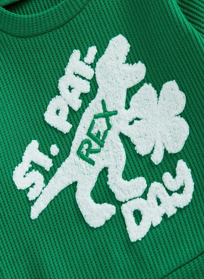 Fernvia Baby Boy Fall Winter Clothes Toddler St. Patrick's Day Outfit Dinosaur Embroidered Waffle Knit Sweatshirts Pants Set (St. Patrick's Day Green, 18-24 Months) - Image 5
