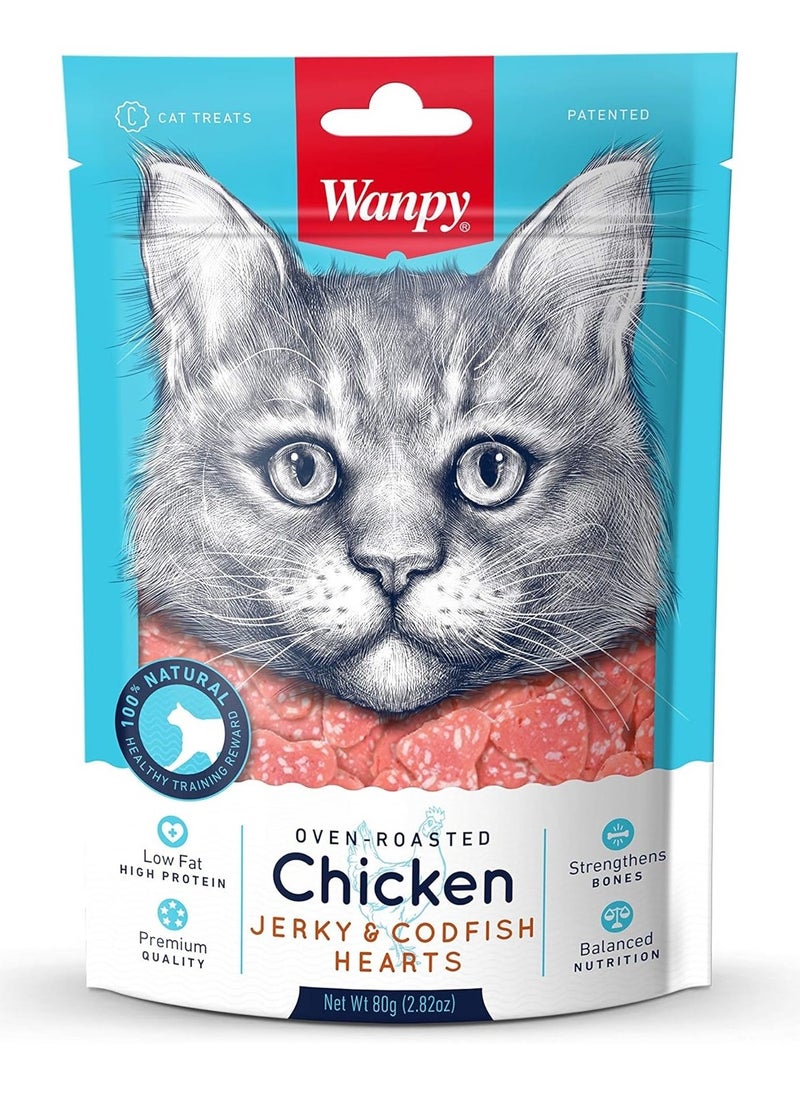 Wanpy Oven Roasted Chicken Jerky And Codfish Hearts for Cat Treats 80g  - Image 1