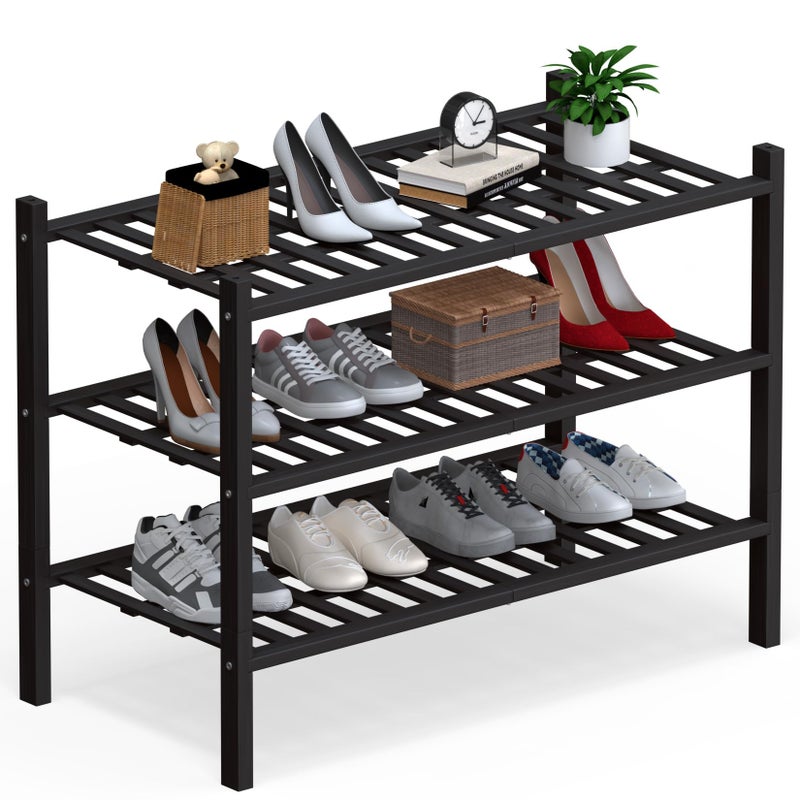Haddockway Large 3 Tier Bamboo Shoe Rack Storage Organizer, Multifunctional Free Standing Stackable Shoe Shelf with Grid Panel for Closet,Hallway,Entryway,Small Space 27"x12"x21" - Image 1