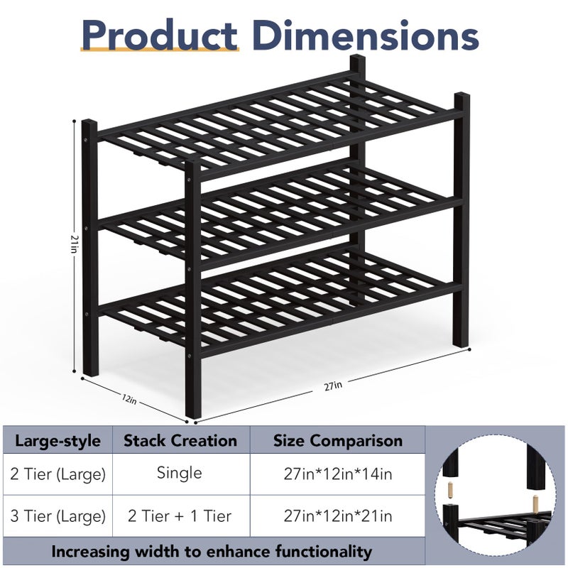 Haddockway Large 3 Tier Bamboo Shoe Rack Storage Organizer, Multifunctional Free Standing Stackable Shoe Shelf with Grid Panel for Closet,Hallway,Entryway,Small Space 27"x12"x21" - Image 2