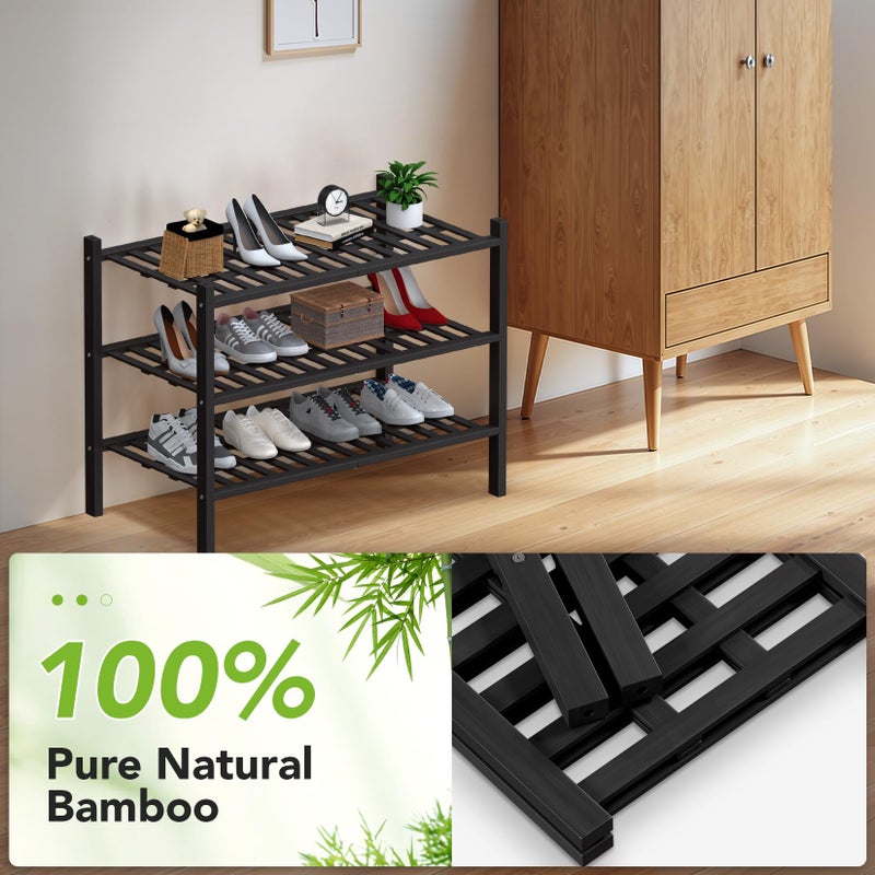Haddockway Large 3 Tier Bamboo Shoe Rack Storage Organizer, Multifunctional Free Standing Stackable Shoe Shelf with Grid Panel for Closet,Hallway,Entryway,Small Space 27"x12"x21" - Image 4