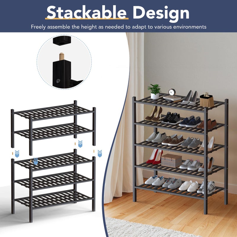 Haddockway Large 3 Tier Bamboo Shoe Rack Storage Organizer, Multifunctional Free Standing Stackable Shoe Shelf with Grid Panel for Closet,Hallway,Entryway,Small Space 27"x12"x21" - Image 5