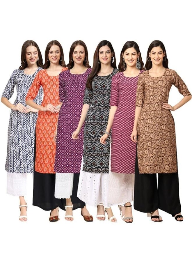 Pinkmint store Women's Crepe Print Straight Kurta [Pack of 6] - Image 1
