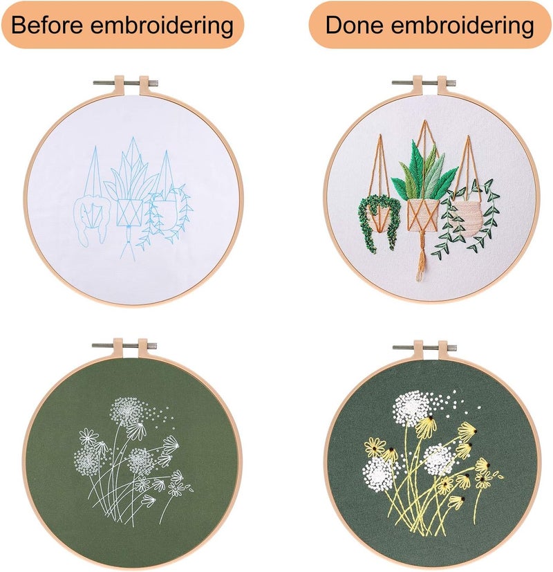 FEPITO 4 Sets Embroidery Starter Kit with Pattern and Instructions Cross Stitch Kit Includes 4Pcs Embroidery Clothes with Floral Pattern, 2 Pcs Embroidery Hoops, Scissor, Color Threads Needle Kit - Image 3