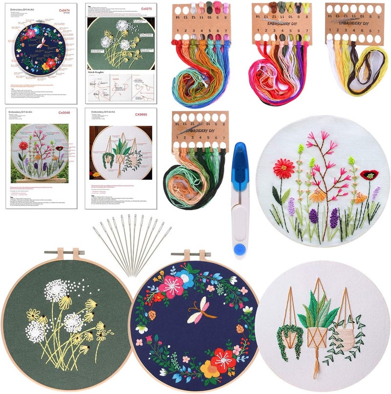 FEPITO 4 Sets Embroidery Starter Kit with Pattern and Instructions Cross Stitch Kit Includes 4Pcs Embroidery Clothes with Floral Pattern, 2 Pcs Embroidery Hoops, Scissor, Color Threads Needle Kit - Image 1