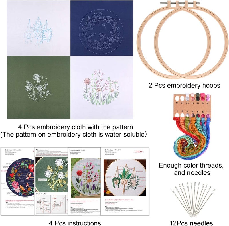 FEPITO 4 Sets Embroidery Starter Kit with Pattern and Instructions Cross Stitch Kit Includes 4Pcs Embroidery Clothes with Floral Pattern, 2 Pcs Embroidery Hoops, Scissor, Color Threads Needle Kit - Image 2