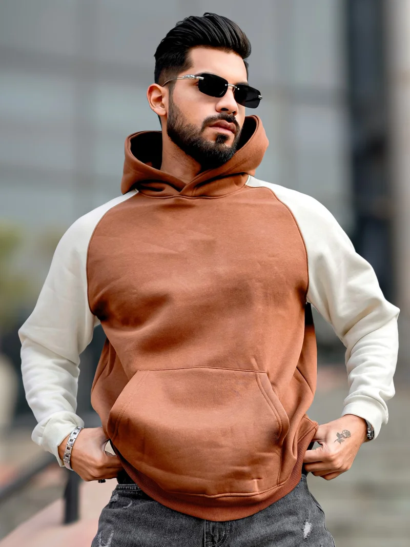 مانياك Maniac Mens Color Block Hooded Neck Raglan Full Sleeve Brown Fleece Oversized Sweatshirt