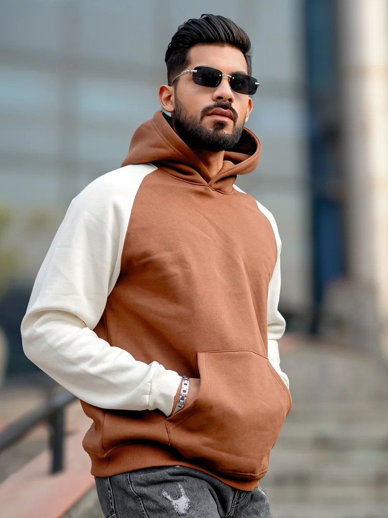 مانياك Maniac Mens Color Block Hooded Neck Raglan Full Sleeve Brown Fleece Oversized Sweatshirt