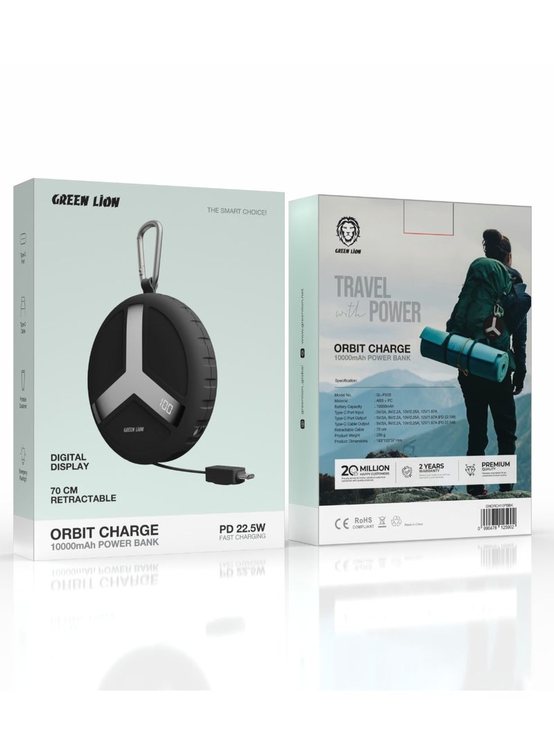 GREEN LION 10000 mAh  Orbit Charge Power Bank 10000mAh PD 22.5W with Retractable Type-C Cable and Flashlight / Portable Carabiner / Digital Display/ Fast Charging Powerbank Best for Camping Outdoor and Travel - Black - Image 3