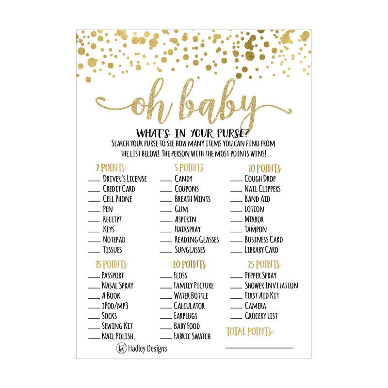 Hadley Designs Hilarious Baby Shower Games Set  25 Whats In Your Purse Baby Shower Game Fun Sprinkle Themed Bundle Pack of Cards To Play Gender Neutral and Fun for Boys  Girls Gold