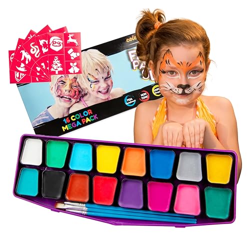 Colorful Art Co. Colorful Art Co Kids Face Paint Kit  16 Colors 3 Brushes 30 Stencils