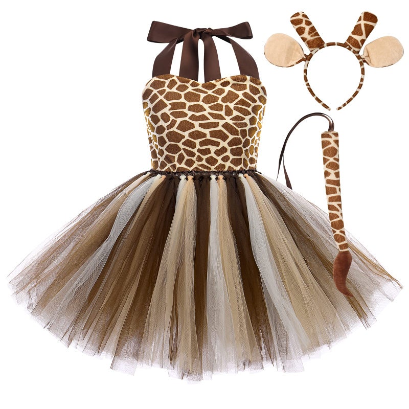 OBEEII Animal Costume for Kids, Tiger/Leopard/Cows/Zebra/Giraffe Fancy Dress with Hair Hoop Tail Dress Up Costume for Girls Halloween Cospaly Birthday Christmas Stage Performance 7-8 Years - Image 1