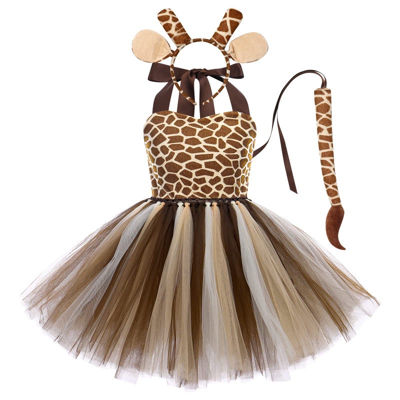 OBEEII Animal Costume for Kids, Tiger/Leopard/Cows/Zebra/Giraffe Fancy Dress with Hair Hoop Tail Dress Up Costume for Girls Halloween Cospaly Birthday Christmas Stage Performance 7-8 Years - Image 2