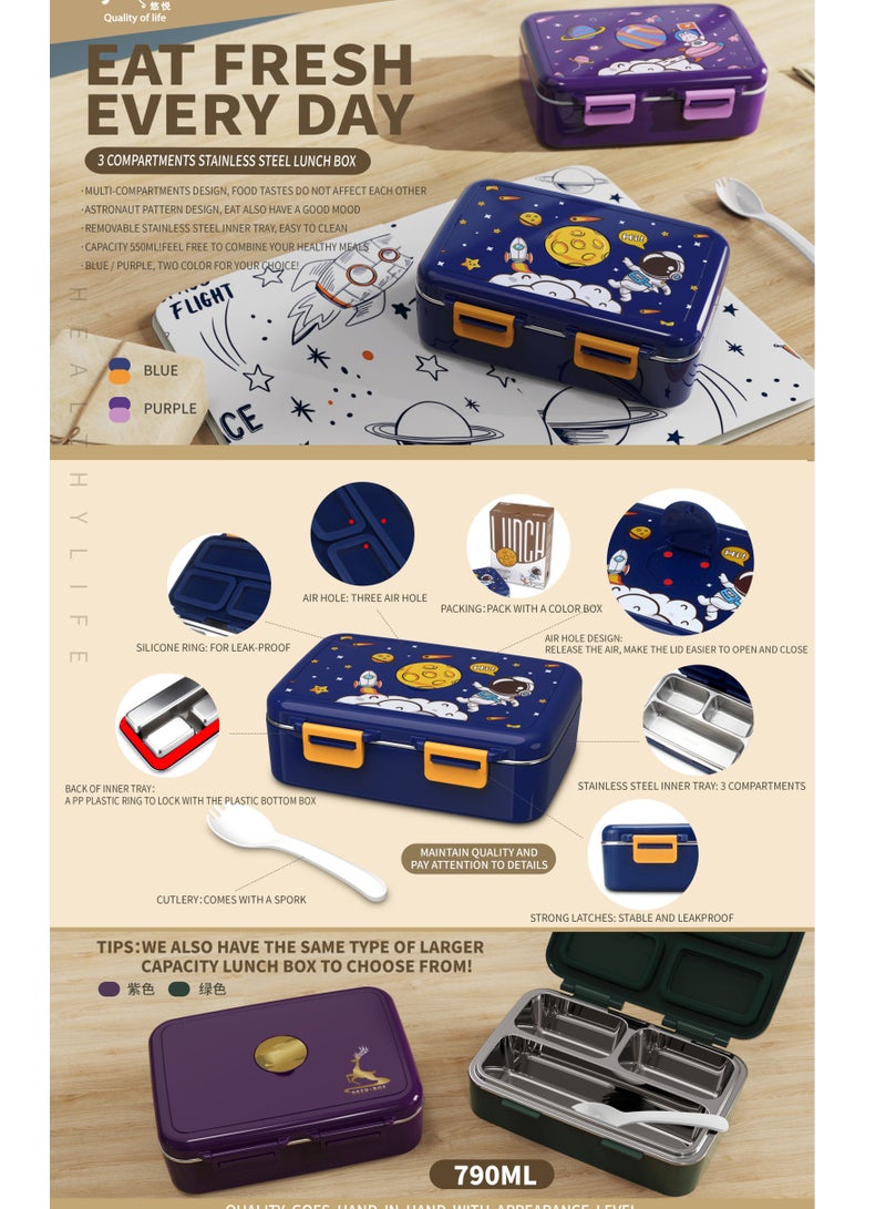 اي ديد حافظة غداء رائد فضاء للمدرسة، من الفولاذ المقاوم للصدأ بثلاث حجرات، حاوية طعام آمنة للأطفال، صندوق غداء مقاوم للتسرب على شكل بينتو، آمن للغسل في غسالة الأطباق, اللون بنفسجي - Image 4