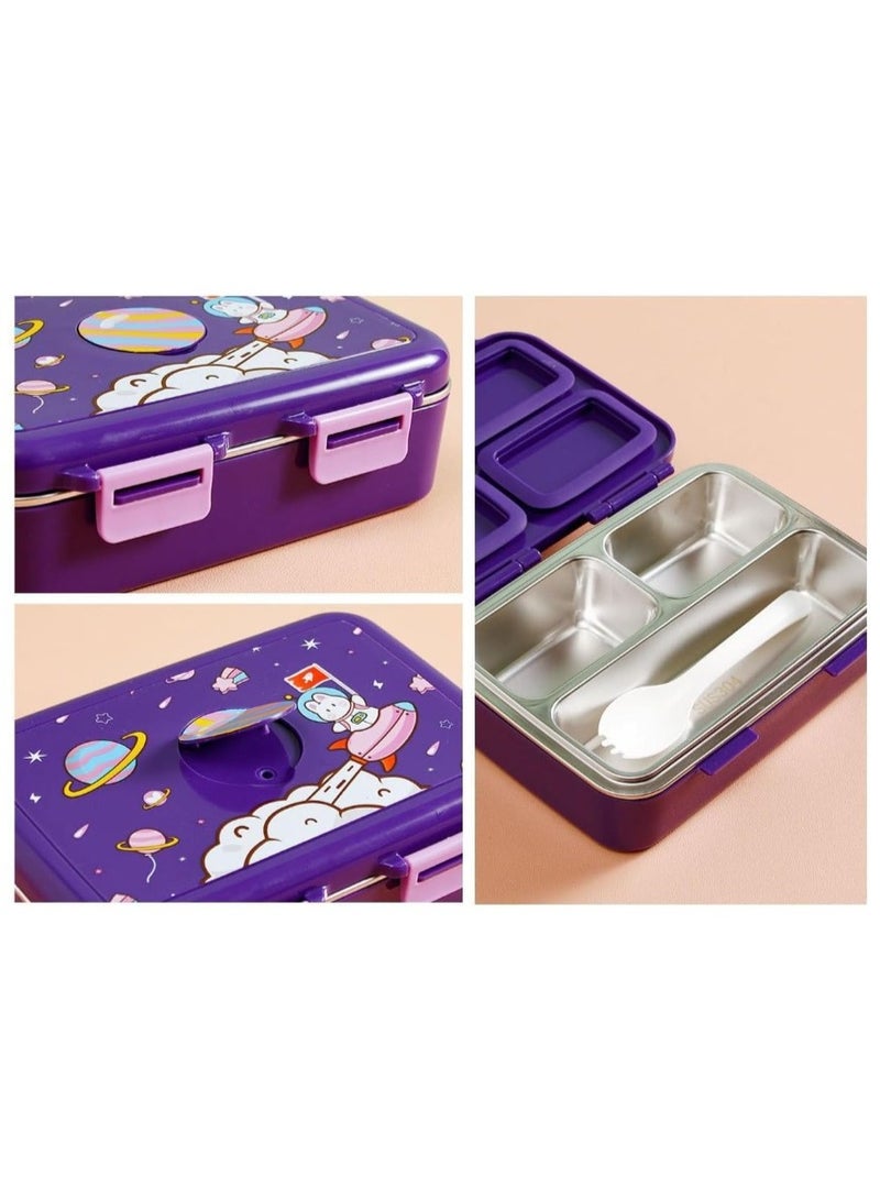 اي ديد حافظة غداء رائد فضاء للمدرسة، من الفولاذ المقاوم للصدأ بثلاث حجرات، حاوية طعام آمنة للأطفال، صندوق غداء مقاوم للتسرب على شكل بينتو، آمن للغسل في غسالة الأطباق, اللون بنفسجي - Image 5
