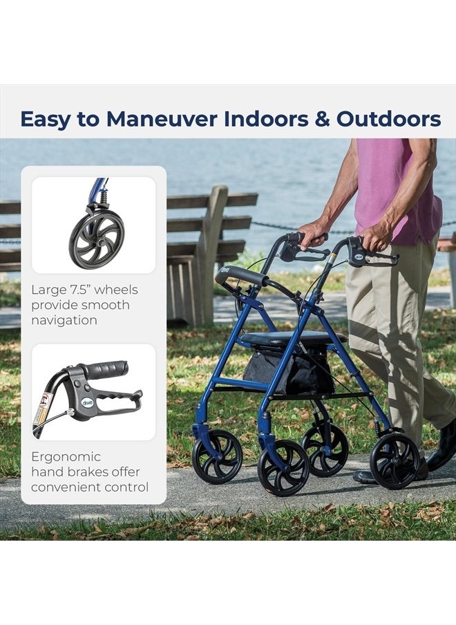 Drive Medical 10257BL-1 4 Wheel Rollator Walker With Seat, Steel Rolling Walker, Height Adjustable, 7.5" Wheels, Removable Back Support, 300 Pound Weight Capacity, Blue  - Image 3