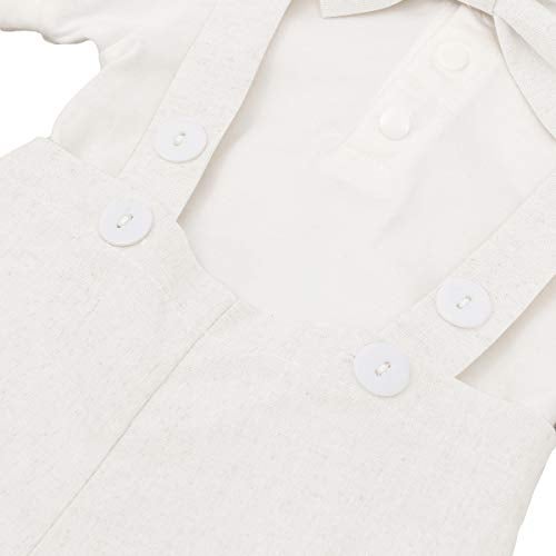 IDOPIP Baby Boys Formal Suit Gentleman Bowtie + Summer Short Sleeve Romper + Suspenders Shorts Button Bib Pants Wedding Tuxedo Outfits 1st/2nd Birthday Cake Smash Christening Clothes 3pcs Set White 6-12M - Image 5