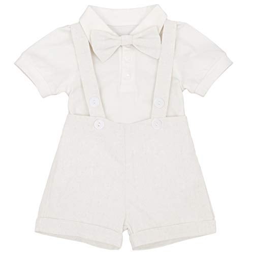 IDOPIP Baby Boys Formal Suit Gentleman Bowtie + Summer Short Sleeve Romper + Suspenders Shorts Button Bib Pants Wedding Tuxedo Outfits 1st/2nd Birthday Cake Smash Christening Clothes 3pcs Set White 6-12M - Image 1
