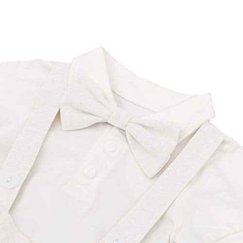 IDOPIP Baby Boys Formal Suit Gentleman Bowtie + Summer Short Sleeve Romper + Suspenders Shorts Button Bib Pants Wedding Tuxedo Outfits 1st/2nd Birthday Cake Smash Christening Clothes 3pcs Set White 6-12M - Image 4