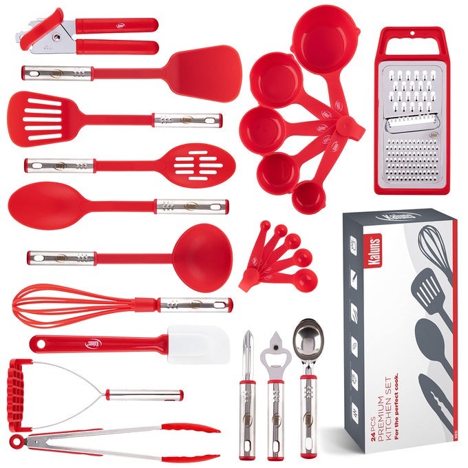KITCHEN UTENSILS SET COOKING UTENSIL SET KITCHEN GADGETS POTS AND PANS SET NONSTICK AND HEAT RESISTANT 24 PCS NYLON AND STAINLESS STEEL SPATULA SET APARTMENT ESSENTIALS KITCHEN COOKWARE SETS
