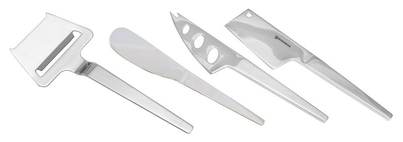 Swissmar 4Piece SlimLine Cheese Knife Set Sleek Stainless Steel Set with Soft Cheese Knife Cleaver Plane Spreader Polished Finish Lightweight Design Elegant Cheese Tools for Entertaining