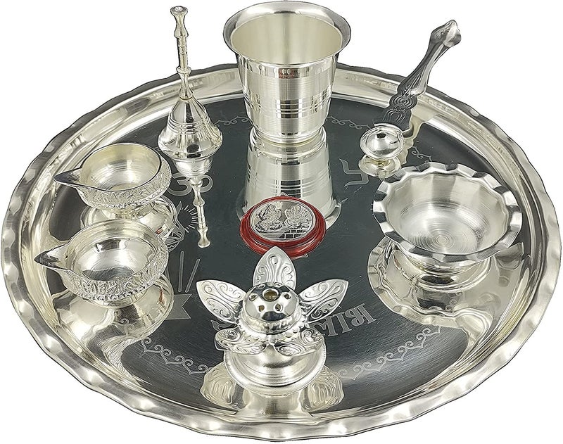BENGALEN Pooja Thali Set Silver Plated 9.5 Inch with Coin Kuber Diya Dhup Dani Bowl Spoon Glass Ghanti for Puja Diwali Home Decor Temple Office Wedding Return Diwali Gift Items - Image 1