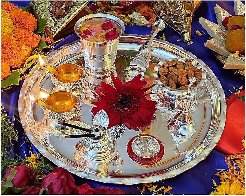 BENGALEN Pooja Thali Set Silver Plated 9.5 Inch with Coin Kuber Diya Dhup Dani Bowl Spoon Glass Ghanti for Puja Diwali Home Decor Temple Office Wedding Return Diwali Gift Items - Image 4