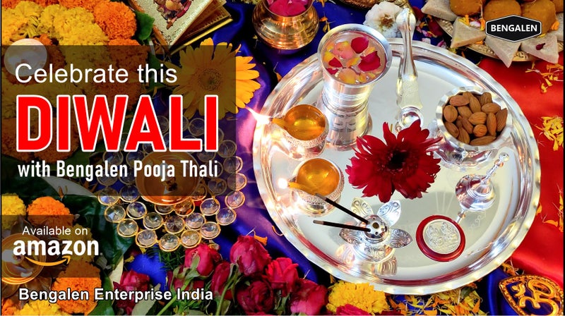 BENGALEN Pooja Thali Set Silver Plated 9.5 Inch with Coin Kuber Diya Dhup Dani Bowl Spoon Glass Ghanti for Puja Diwali Home Decor Temple Office Wedding Return Diwali Gift Items - Image 2