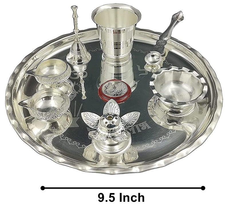 BENGALEN Pooja Thali Set Silver Plated 9.5 Inch with Coin Kuber Diya Dhup Dani Bowl Spoon Glass Ghanti for Puja Diwali Home Decor Temple Office Wedding Return Diwali Gift Items - Image 3