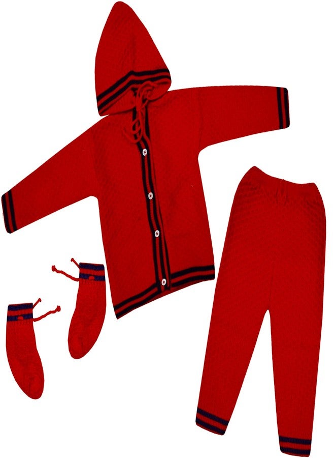 SELVEL Unisex Baby Woolen Hooded Sweater Set | Baby Boys Baby Girls Full Sleeves Hooded Sweater, Pant and a Pair of Booties Combo (SWTR-HDY-2112) (0-3 Months, Red) - Image 1