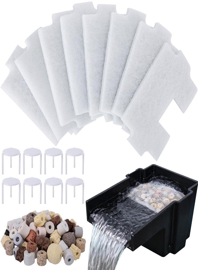 Adnee 17 Pcs Pond Waterfall Spillway Filter Media, 8 Inch Waterfall Box Filter Pad with Bracket and Ceramic Rings, Reusable Pond Filter Replacement Mat to Maintain Water Quality - Image 1