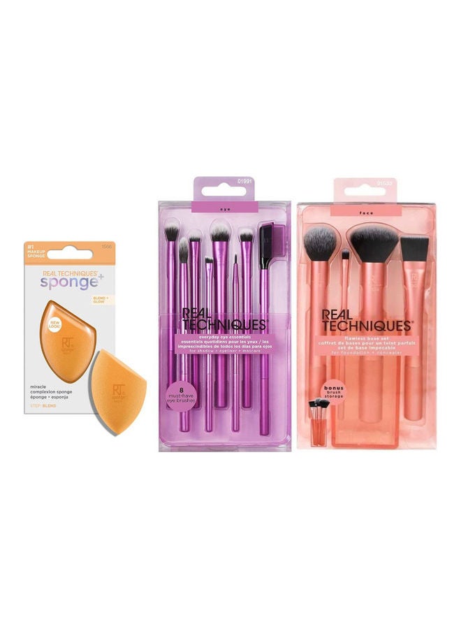 REAL TECHNIQUES Eyeshadow Brush Set, Makeup with Gel Eyeliner, Flat Eye, and Eyelash Brushes, Purple and Real Techniques Flawless Base Brush Set with Miracle Complexion Sponge Multicolour - Image 1