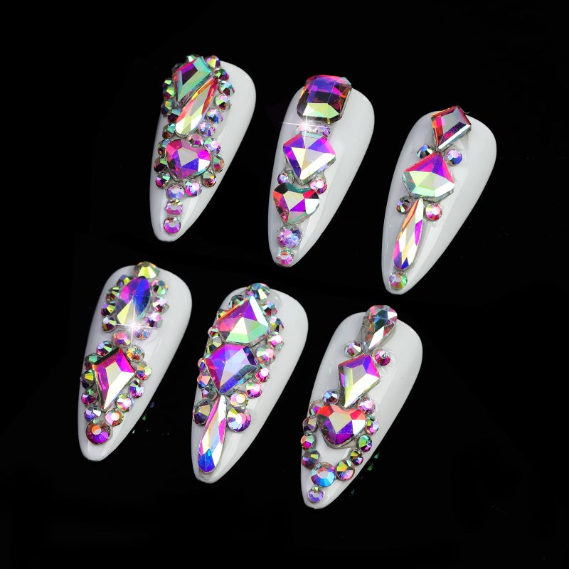 Cycullinyt 1660Pcs Crystal AB Nail Art Rhinestones: 8 Types of Multi Shapes Diamonds + 4 Sizes Flatback DIY Crafts Rhinestone Crystals 3D Glass Stones Set + Tweezer + Pickup Pen - Image 4