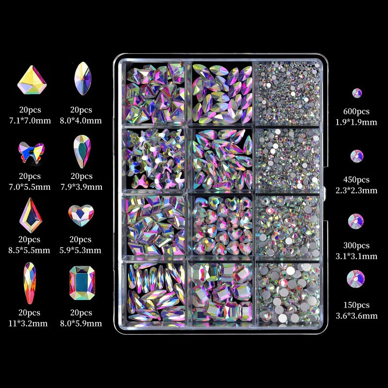 Cycullinyt 1660Pcs Crystal AB Nail Art Rhinestones: 8 Types of Multi Shapes Diamonds + 4 Sizes Flatback DIY Crafts Rhinestone Crystals 3D Glass Stones Set + Tweezer + Pickup Pen - Image 3